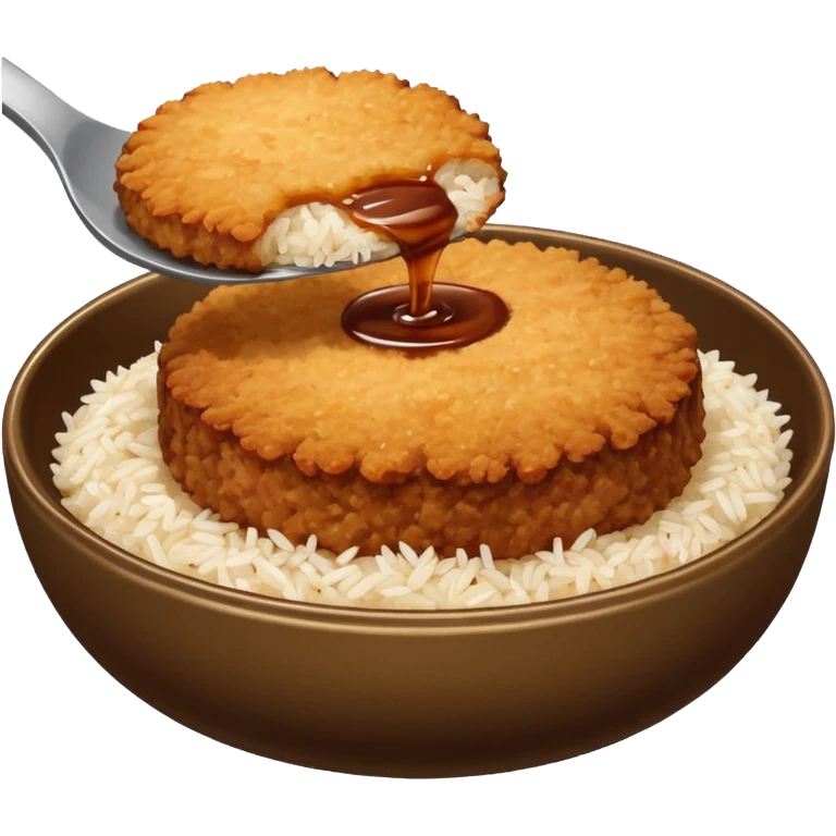 bowl filled with rice, a bit of brown sauce over the rice and a breaded pork cutlet over it emoji