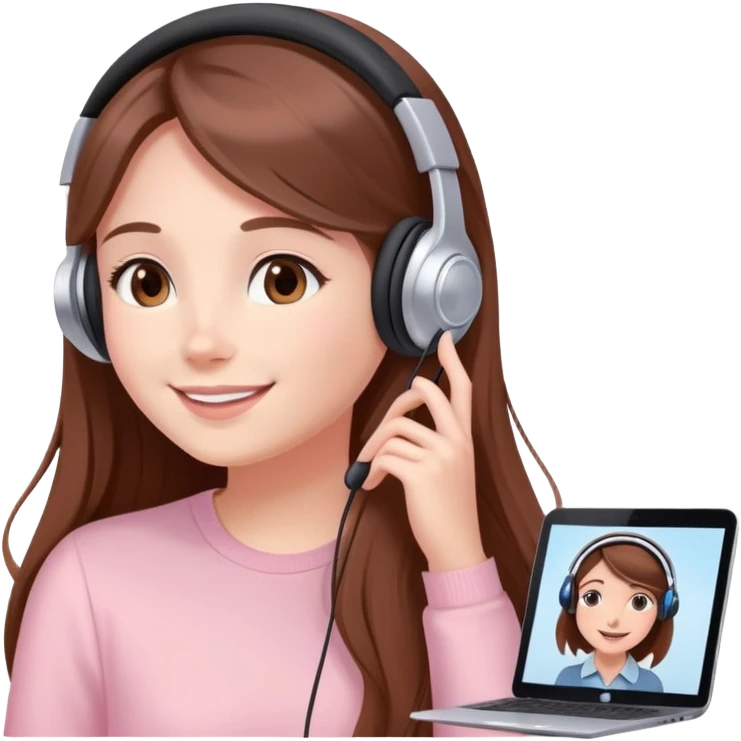 Girl with long brown hair talking to her long-distance boyfriend on video call, smiling sweetly elegant cute delicate lightpink aura  emoji