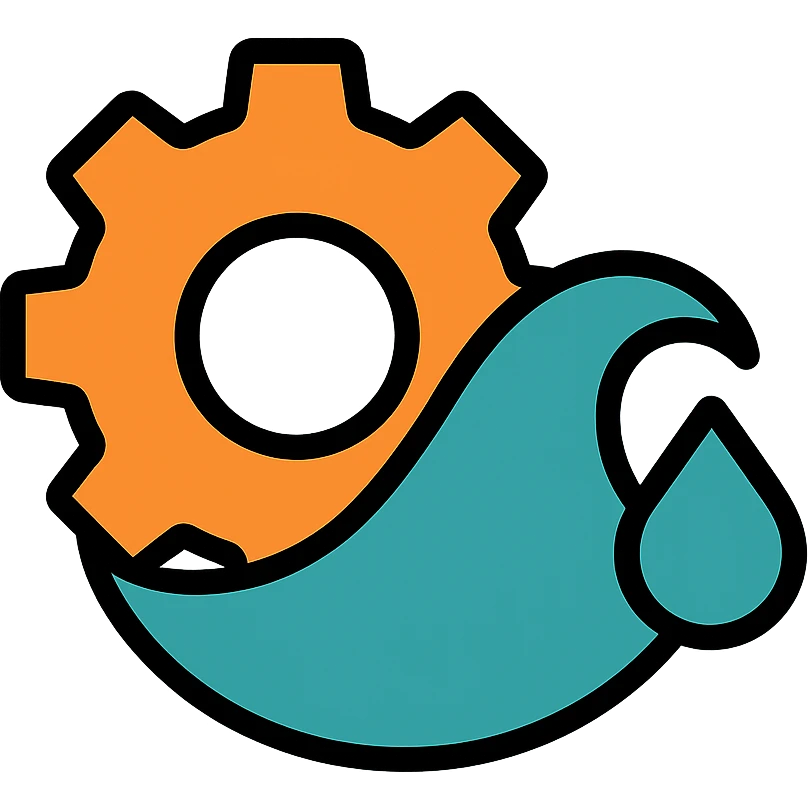 modern flat icon style logo for a Rust parser for Shopify's Liquid, combining a gear with a liquid wave, orange and teal palette emoji