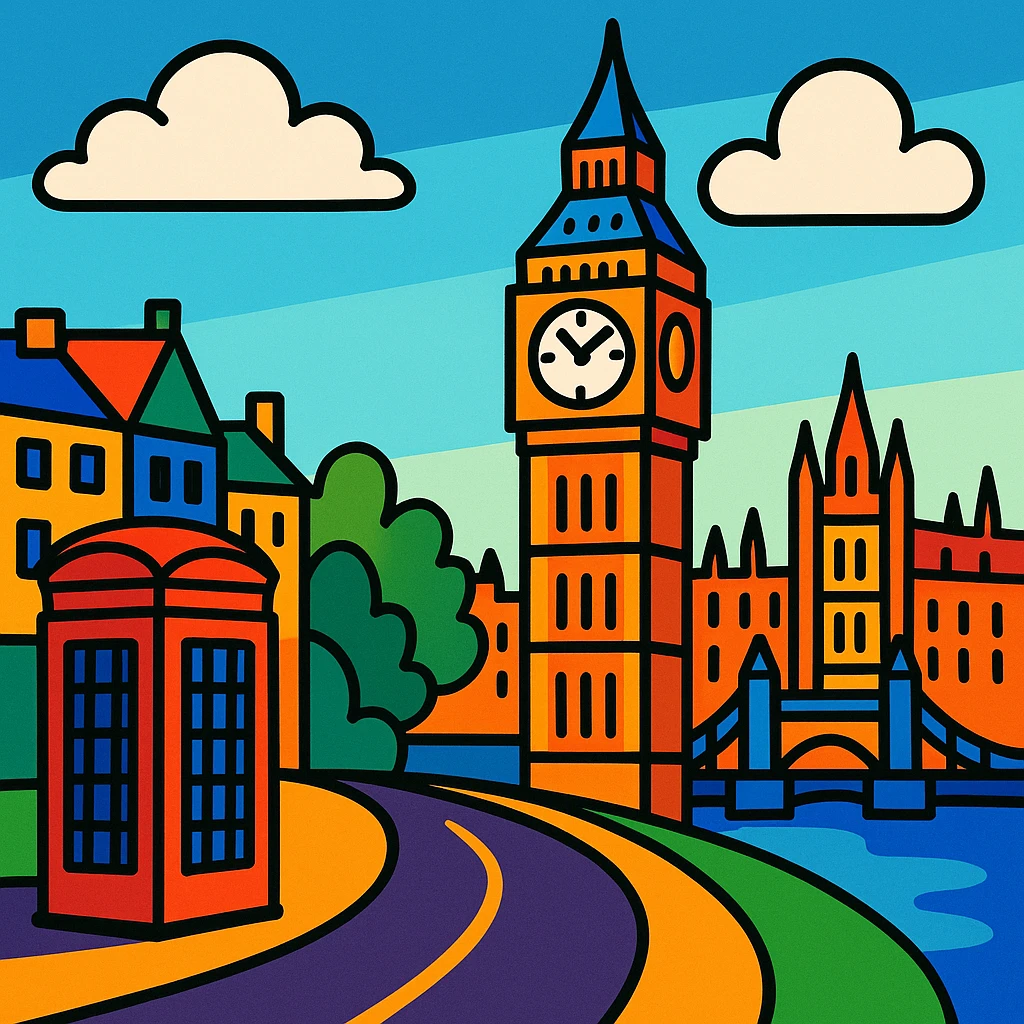 London cityscape with Big Ben in a vibrant cartoon style emoji