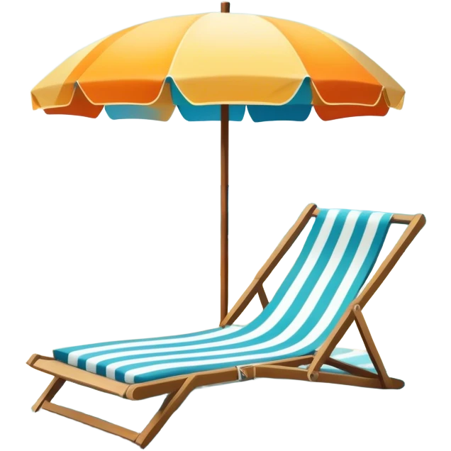 Icon for Beach Tourism: a sunny beach with the sea and waves, a lounge chair, a sun umbrella, and flip-flops on the sandy shore. The background should be a clear, vibrant ocean view with the sun shining brightly. Transparent background." emoji
