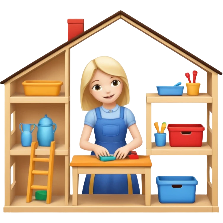 smiling girl arranging furniture in doll house emoji