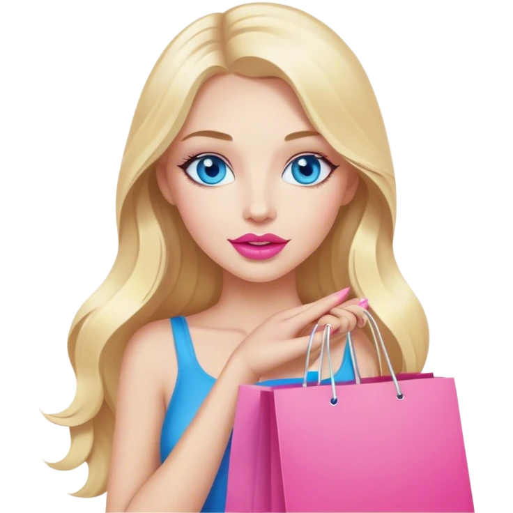 Cinematic realistic blonde with long hair, blue eyes and pink lips holds shopping bags in her hands emoji