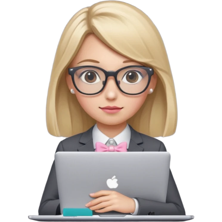 Please take the girl with laptop emoji and make her glassess light brown and her nose a bit smaller and pointier and she has blonde long hair and a dark grey suit and pearls, and has a laptop in fron of her and a tiny pink bow on the left side of her head emoji