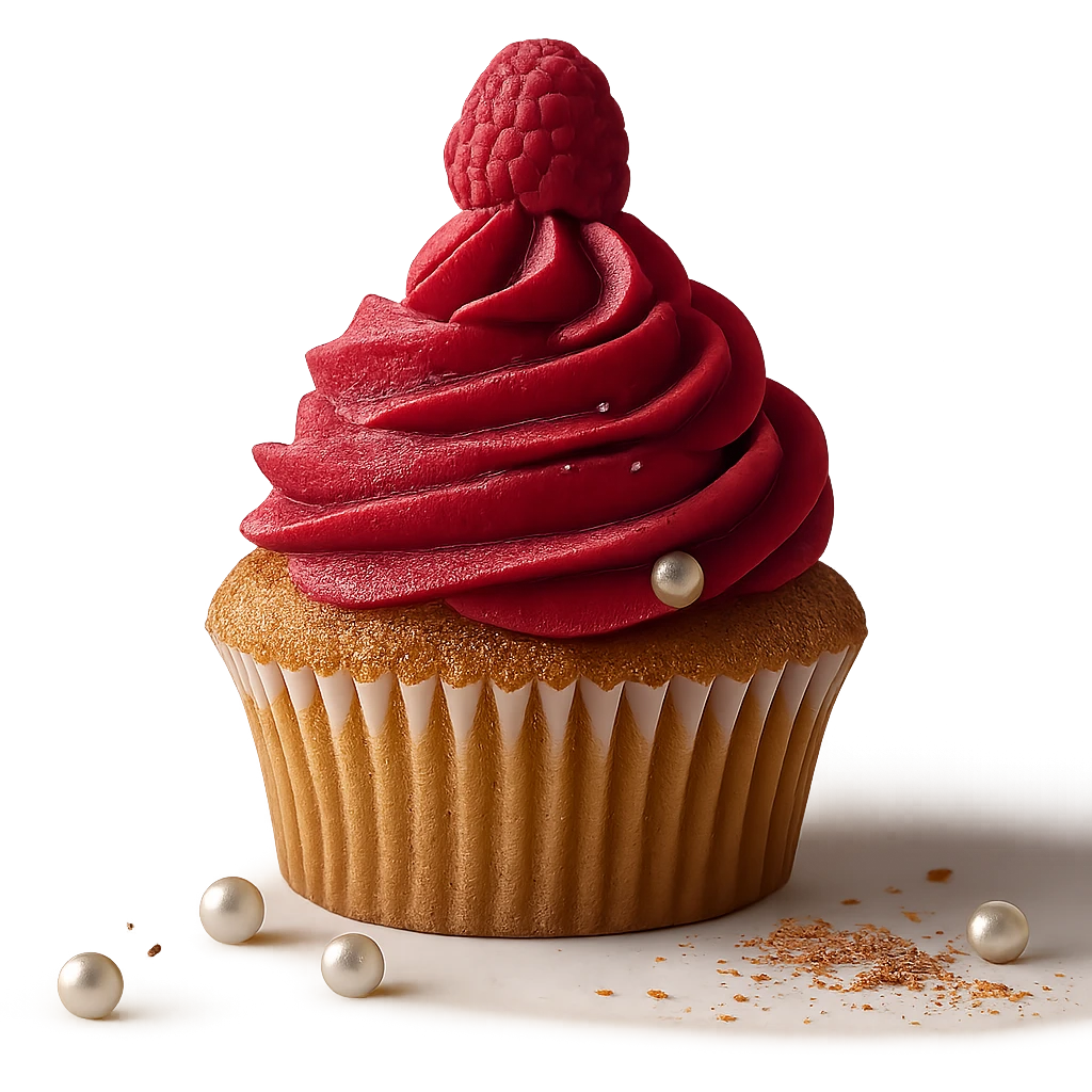 Change the icing to raspberry, keep the realistic cupcake and accessories, photorealistic style, transparent background. emoji