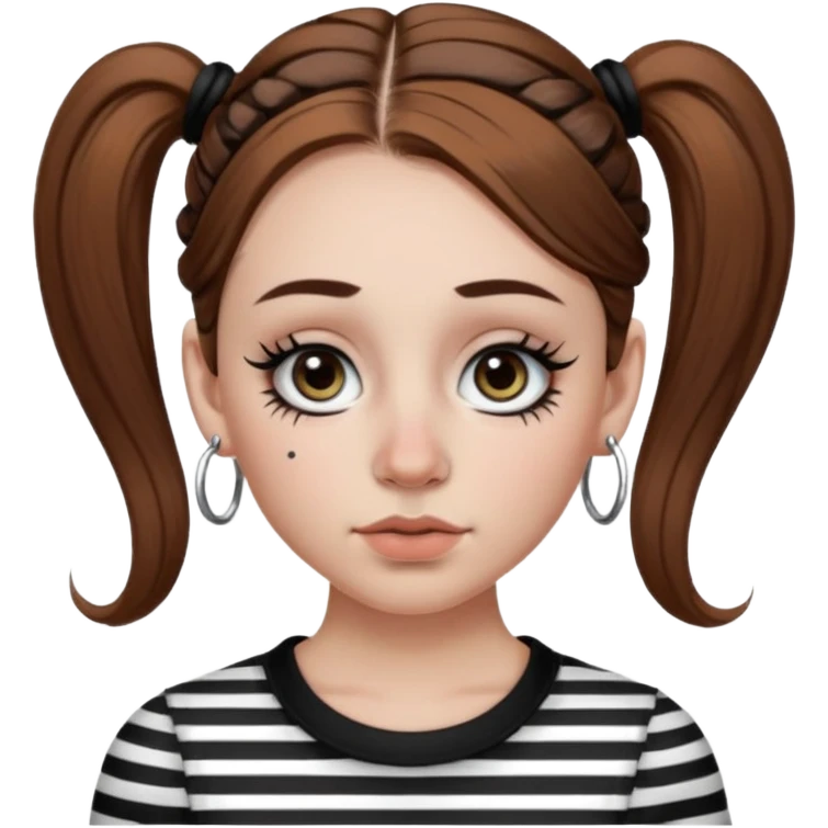 a white girl with brown hair in very low pigtails black eyeliner big false eyelashes with a septum piercing nose piercing big hoop earings dermals close to the eyes one on each side wearing a black and white striped long sleeve shirt emoji