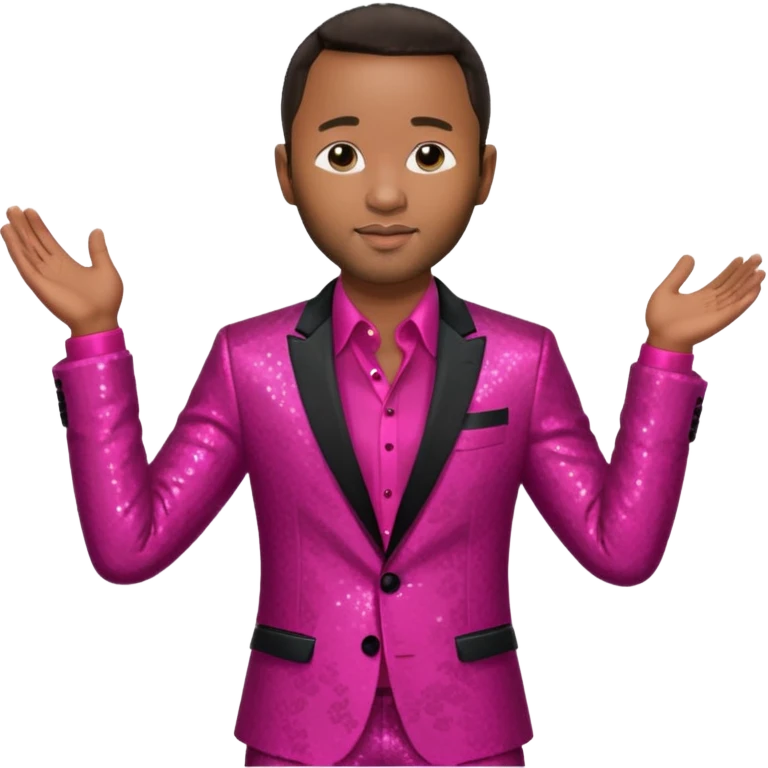 John Legend with dark brown hair, dark pink sequin suit jacket, red shirt emoji