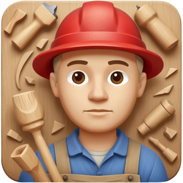 wood carving carpenter portrait, head and shoulders only, carving wooden figure with chisel, wood shavings visible, focused craftsman expression, artisan workshop vibe, 3D cartoon style, mobile game icon style, clean background, no text, no watermark
 emoji