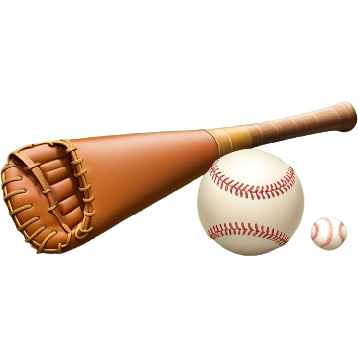 A baseball bat, ball, and glove resting on the ground, set against the backdrop of a baseball field. The scene captures the iconic equipment of the sport, with the field in the distance and a bright sky above, evoking the spirit of the game. emoji