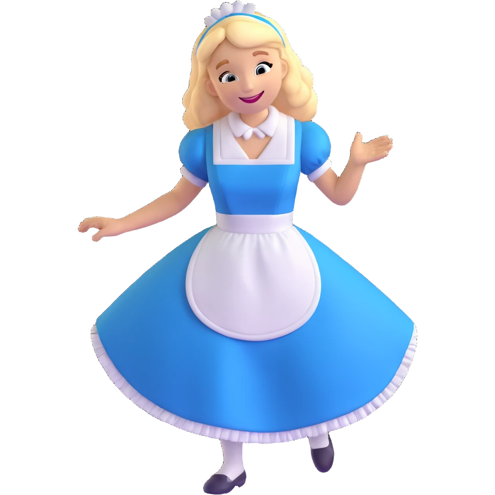 Disney's Alice in Wonderland with a big smile while curtseying in her blue dress with white apron emoji