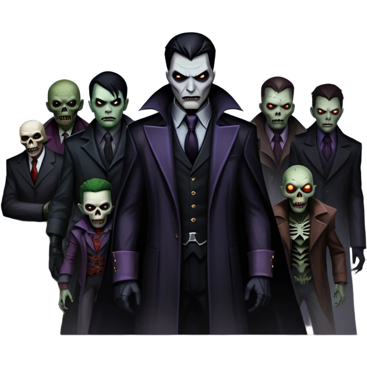 Icon for Thriller Movies: A large, dramatic collage featuring sinister villains and zombies in dark clothing. The background shows the gloomy cityscape of Gotham with dim lighting and eerie shadows. The atmosphere should be tense, mysterious, and suspenseful. Transparent background. emoji
