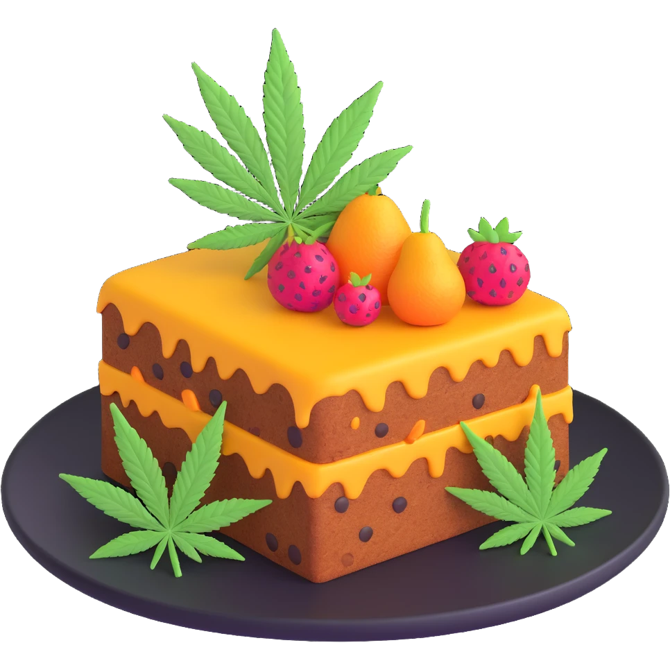 colorful frosted fruit cake with cannabis leaf on a plate emoji
