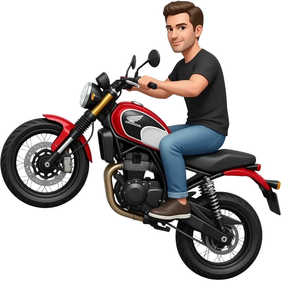 Man doing wheelie on red black and white honda scrambler emoji