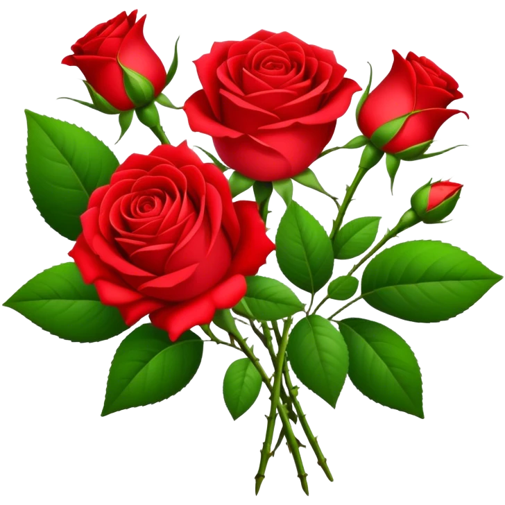 bouquet Bright Red Tea Rose, luxuriant, leaf, bud emoji