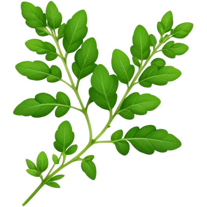 Cinematic Realistic Oregano Emoji, Bold and aromatic, with dark green leaves that radiate flavor and warmth. The plant’s rounded leaves create a lush, hearty growth, while the distinct scent invites comfort and coziness. Soft glowing outline, capturing the essence of bold flavor and herbal richness in a sprig of oregano! emoji