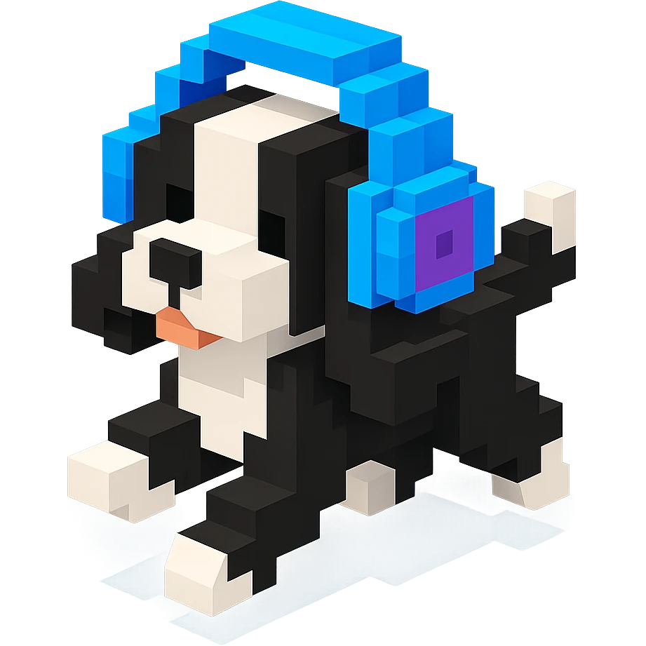 black and white Russian Cocker Spaniel puppy wearing headphones, running pose emoji