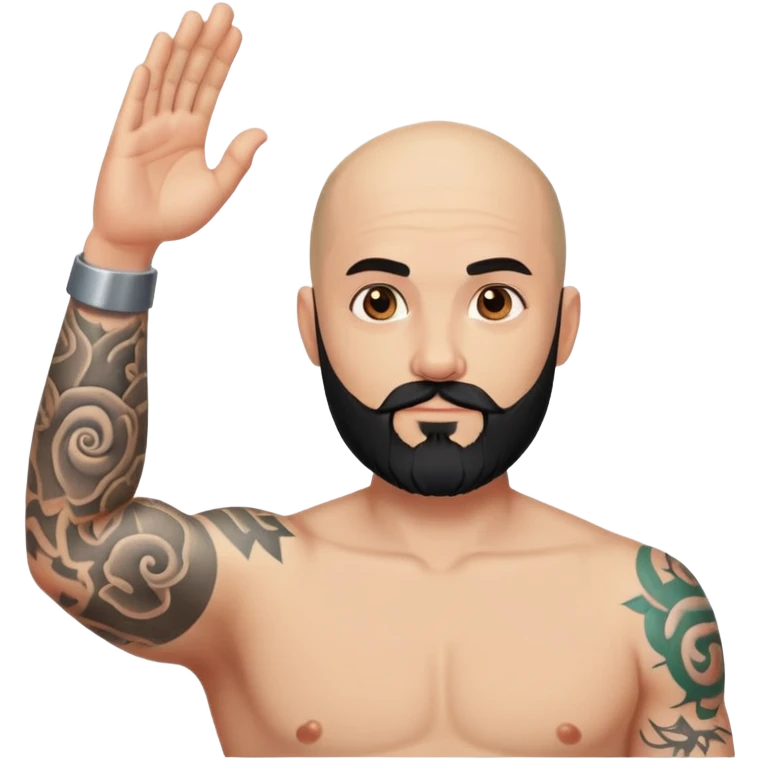 Bald man with black beard raising his hand with tattoos on forearm emoji