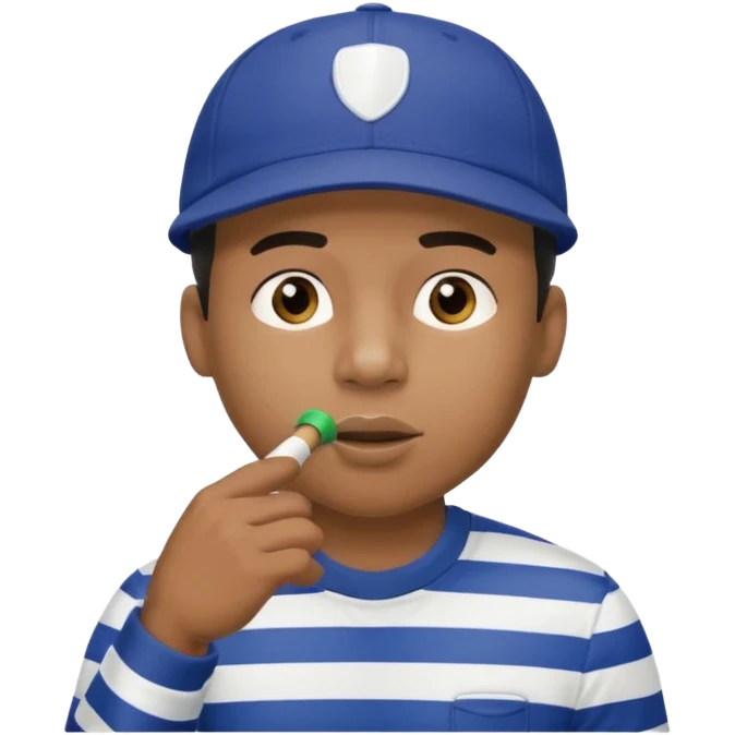 A black calm referee with striped shirt, wearing a sport cap while blowing a whistle, pointing clearly toward the field. emoji
