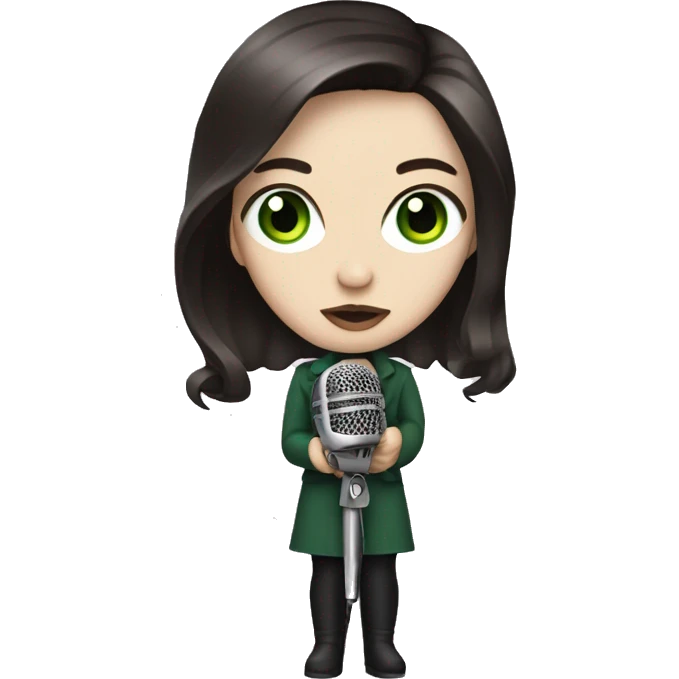 A pop singer with a microphone, dark brown hair and pale skin and dark green eyes emoji