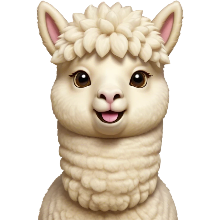 Cinematic Comical Cream Alpaca Portrait Emoji, Head tilted dramatically with an exaggeratedly amused expression, featuring a striking, fluffy cream fleece with playful texture, wide, expressive gentle eyes filled with playful disbelief, Simplified yet hilariously expressive features, highly detailed, glowing with a slightly sassy glow, high shine, dramatic yet playful, stylized with an air of cheeky mischief, bright and endearing, soft glowing outline, capturing the essence of a spirited and over-the-top alpaca, so meme-worthy it feels like it could side-eye its way into internet fame instantly! emoji