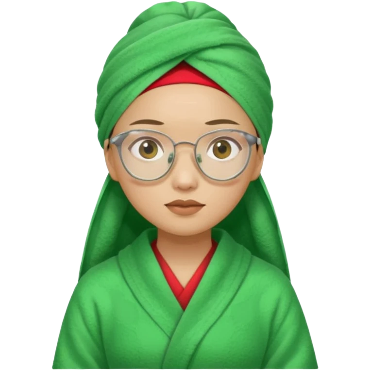 Asian woman wearing a green towel in her head with a broken glasses on her face in red pajamas emoji