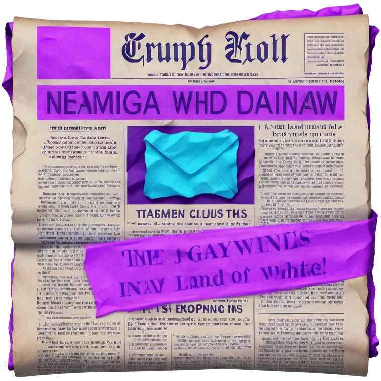 newspaper with headlines and neon glow effect, blue neon glow on top left, purple neon glow on bottom right emoji