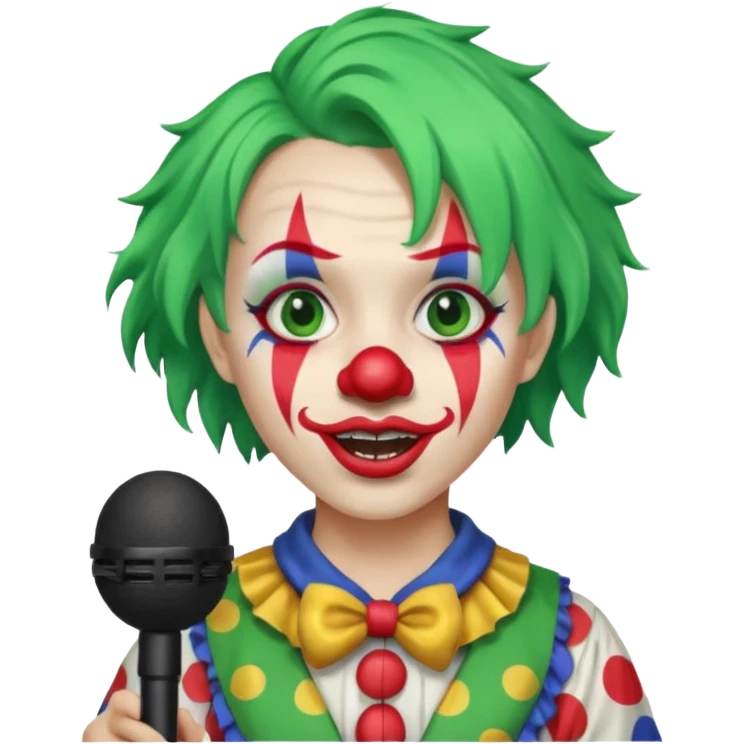green haired, clown face painted, holding microphone, singing emoji