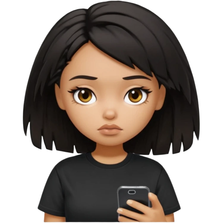 generate a pretty bratz girl with short black very messy dirty hair, looking tired and using her phone, wearing an oversized black tshirt emoji