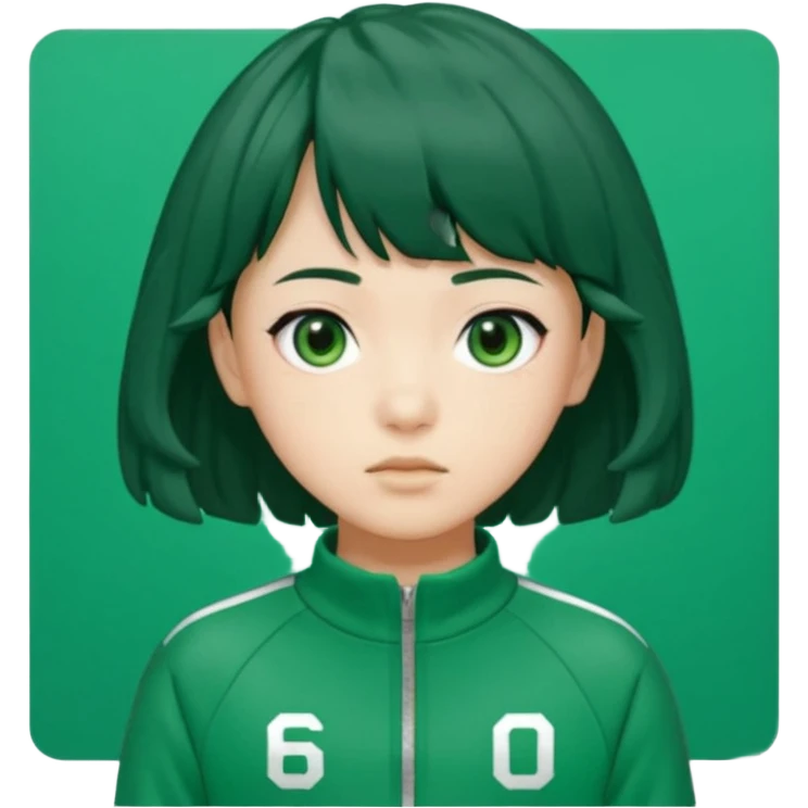 Sae-byeok from Squid Game, black wavy bob haircut with brief fringe, wearing green tracksuit with number 067 on chest, simple emoji style emoji