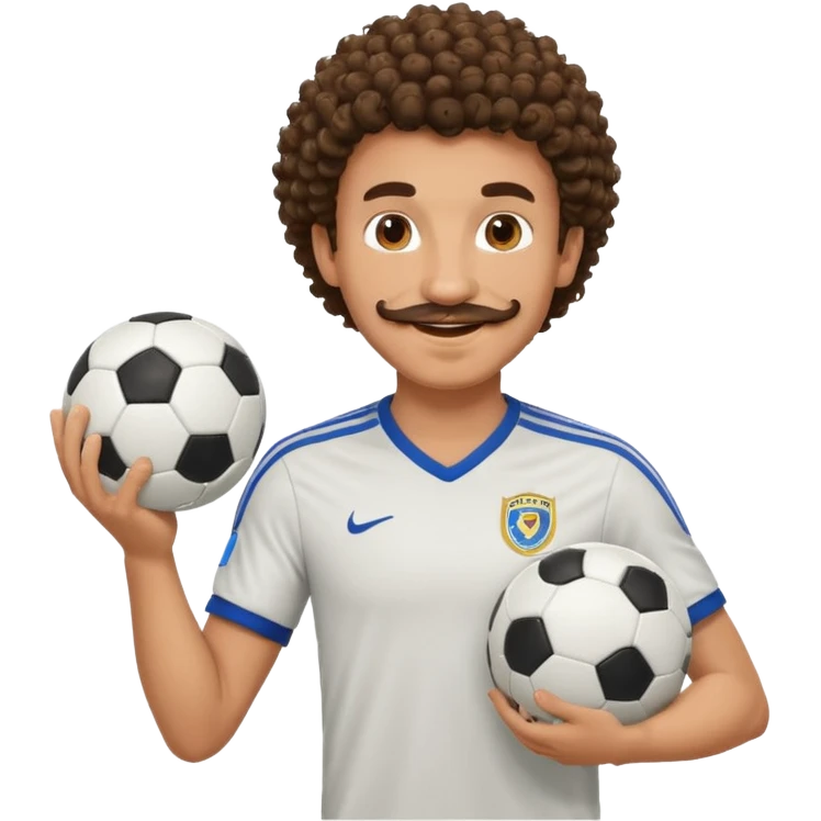 curly hair man soccer player with mustache holding soccer ball emoji