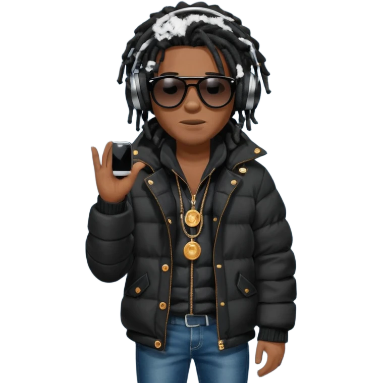 African American man brown skin complexion with black dreadlocks shoulder length wearing black bubble winter coat wearing black sunglasses with denim skinny jeans and timberland boots wearing headphones and rapping into a studio microphone emoji