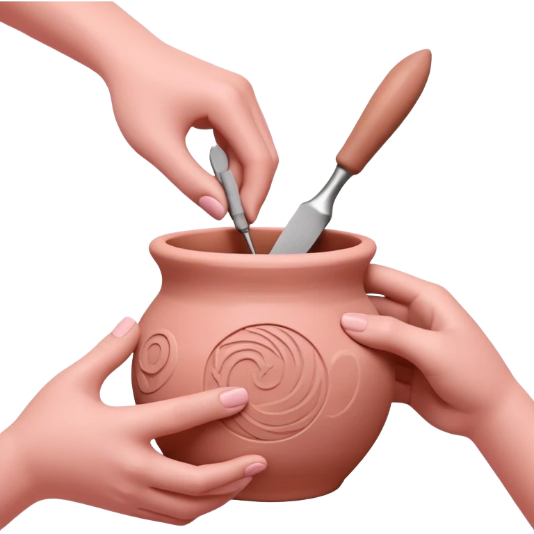 hands using pottery tools to add texture to pink clay, showing various texture tools creating patterns emoji