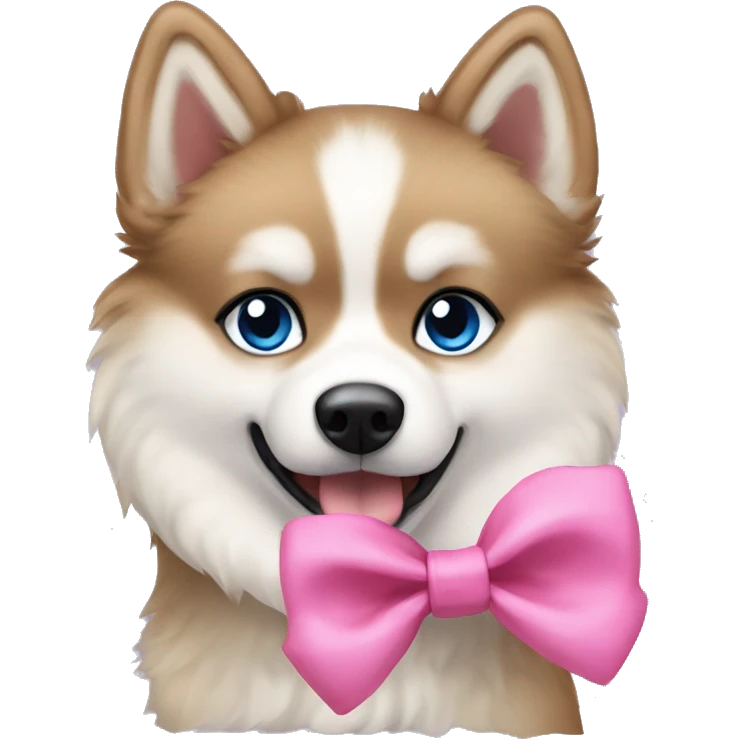 A pomsky dog with black and beige fur, blue eyes and wearing a pink bow in the head emoji