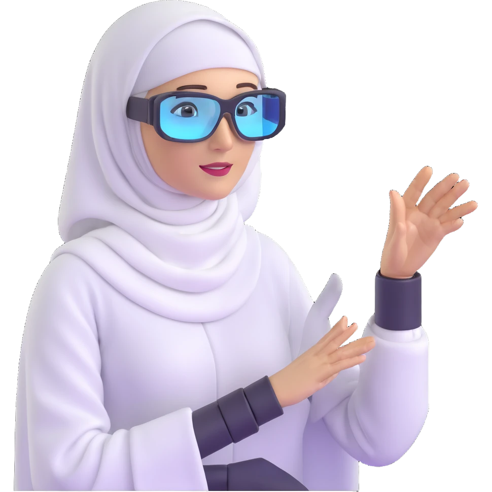 computer engineer with white hijab proudly presenting her completed metaverse creation, gesturing toward a floating holographic virtual world she built, explaining her digital architecture to audience, professional stance, AR glasses, display showing her code and virtual environment emoji
