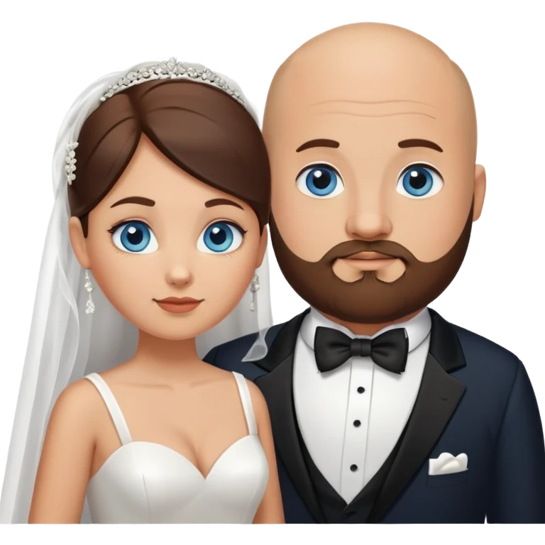 blue-eyed overweight bald man with a beard in a tux and brunette bride with brown eyes emoji