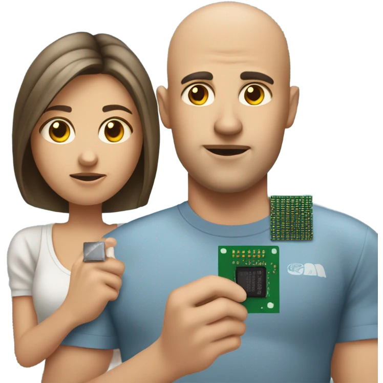 unhappy, bald young man, on his hand there is semiconductor chip with his girlfriend emoji
