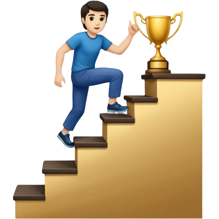 A man with fair skin and dark hair is climbing stairs to grab a trophy on the top step. emoji