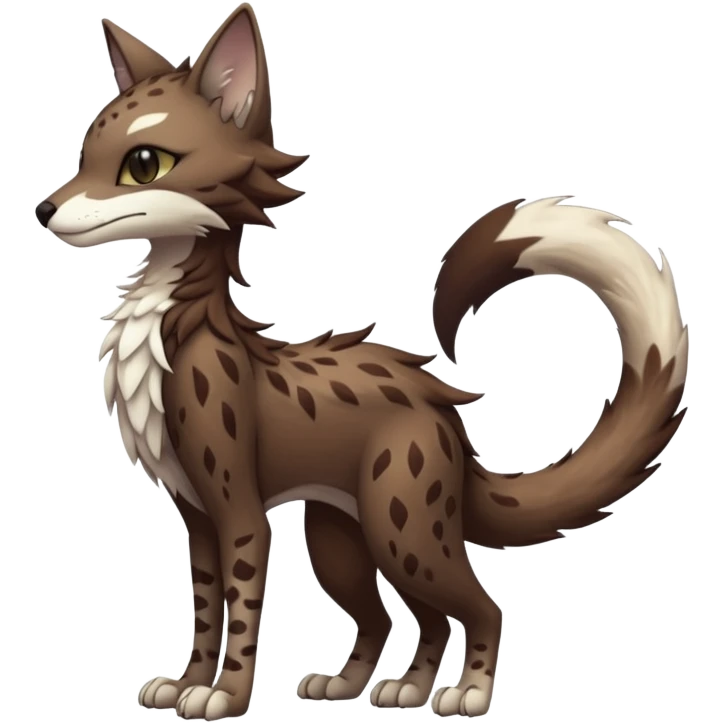 Kawaii dark edgy brown beige white fantasy ethereal feline-vernid-sergal-rocruff-fursona animal creature with a tufted tail full body with intricate markings  emoji