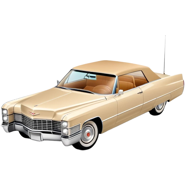 Ultra-minimalist beige 1966 Cadillac DeVille, very simplified shapes, clean 30-degree perspective, only essential details, basic geometric representation, Once Upon a Hollywood car, iOS emoji style emoji
