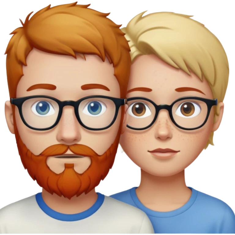Pale Man with blonde hair and blue eyes and red beard and woman with short brown hair and olive skin and freckles and glasses and hazel eyes emoji