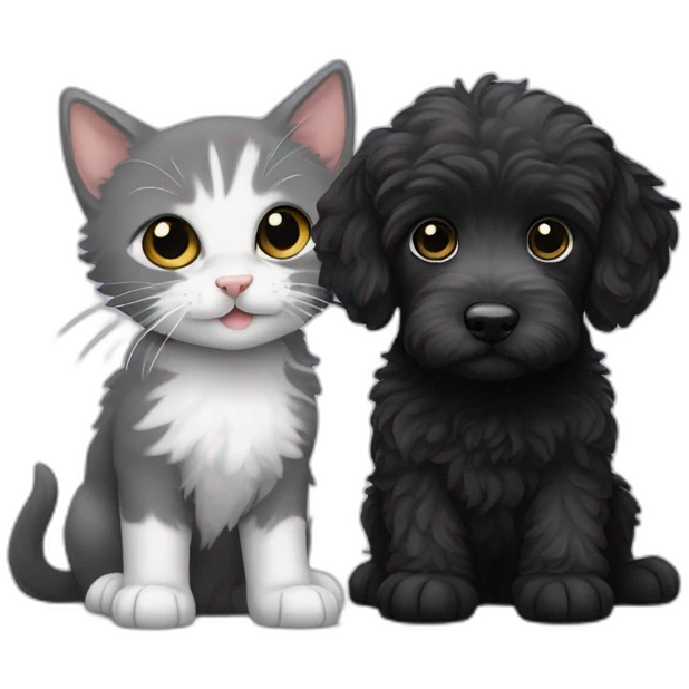 All Black labradoodle and a white grey kitten emoji