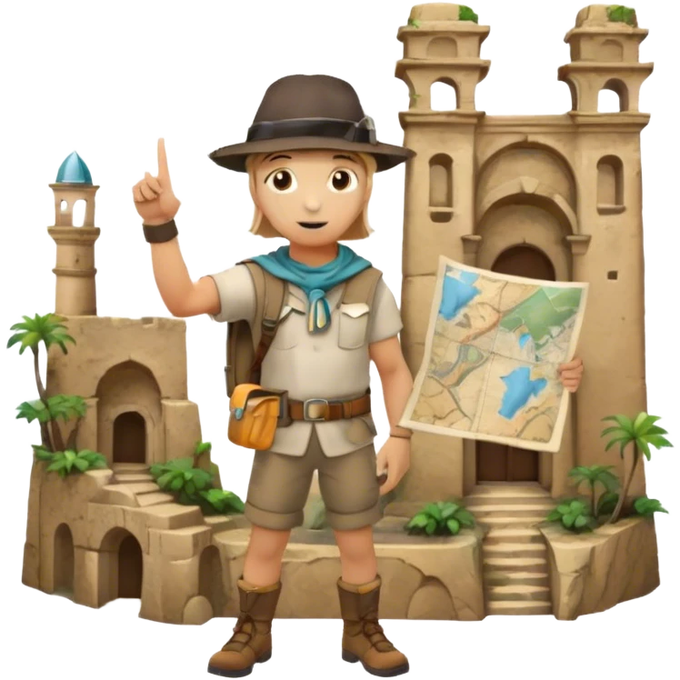 Icon for Documentary Film (TV style): A traveler pointing backward and narrating in front of ancient ruins. Include elements like historical landmarks, maps, and exploration tools to evoke a sense of adventure. Transparent background. emoji