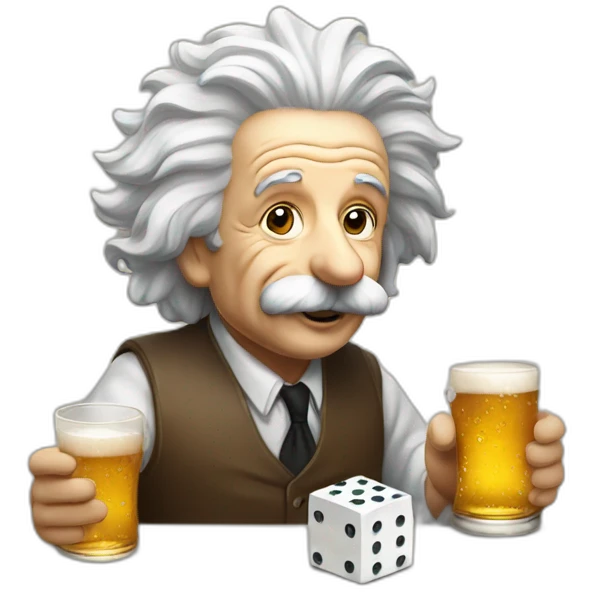 Einstein drinking beer and playing dice emoji