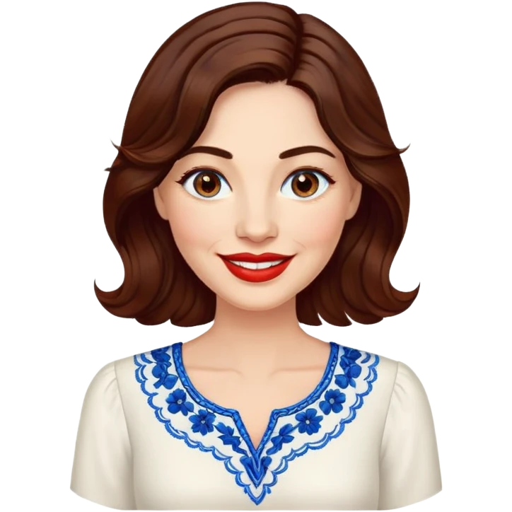 40-year-old woman with luminous fair skin, round face, wide smile, large light brown eyes, vibrant red lips, shoulder-length dark brown wavy hair, wearing white blouse with blue embroidery and electric blue neckline, mature but youthful appearance emoji