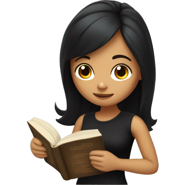 Girl with tan skin and long black hair and black shirt reading a book emoji