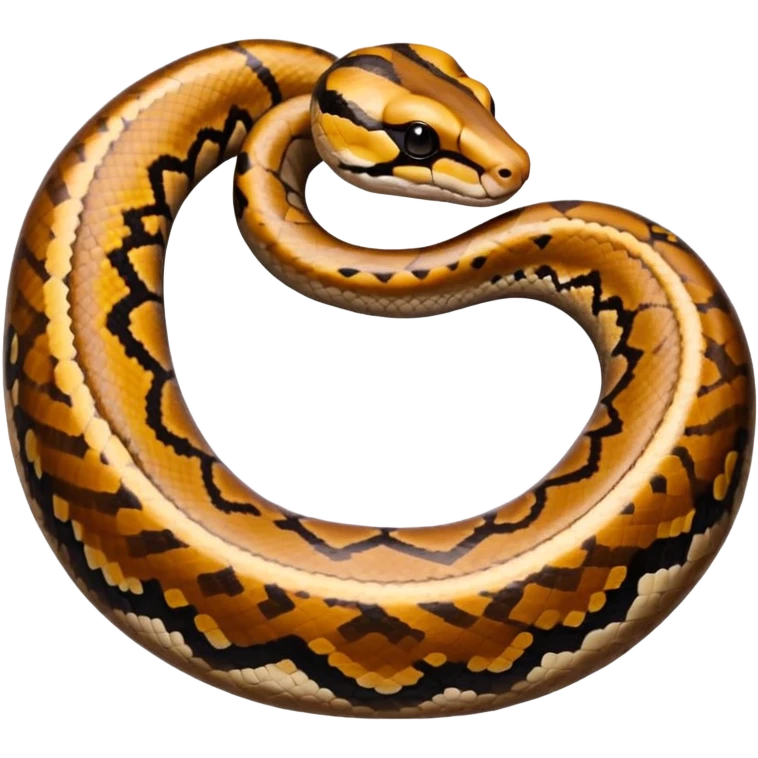 A photo-realistic top-down view of a Ball Python gently coiled into a tight spiral, with its head resting peacefully at the center. Its scales are warm brown with bold, irregular black markings, including the distinctive “alien-head” pattern, flowing smoothly along its body.  emoji