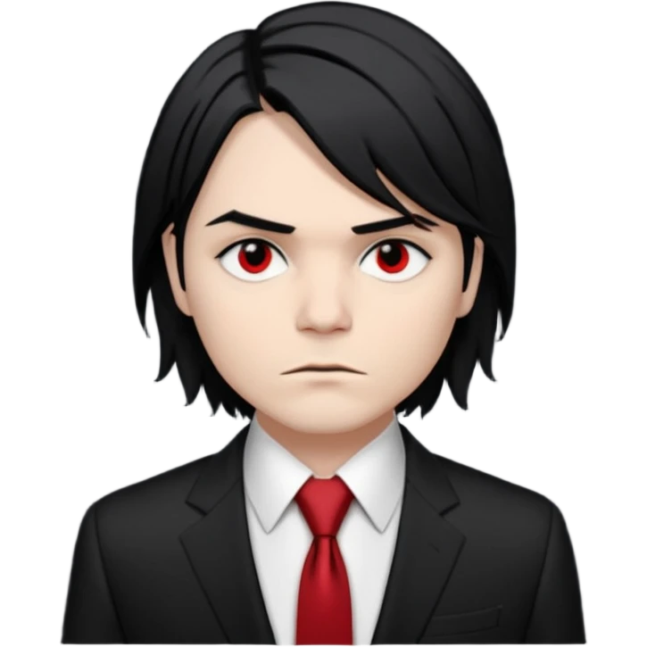 🎨 Classic Emoji — Gerard Way (Revenge Era)
Round, simplified emoji style
Pale skin tone
Jet-black, shoulder-length hair
Heavy eyeliner and slight red shadow under the eyes
Subtle serious / melancholic expression
Hint of red tie visible on black suit
Transparent background emoji