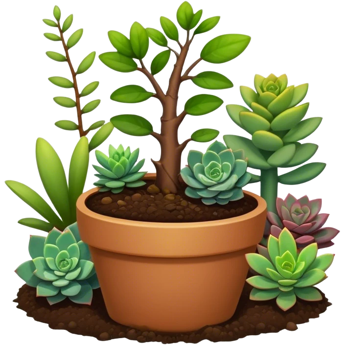 Close-up of a potted sapling in rich soil surrounded by vibrant plants and succulents. Bright sunlight filters through the window, casting soft shadows. Nearby gardening tools rest on a wooden table. Cozy indoor atmosphere with greenery and flowers. emoji