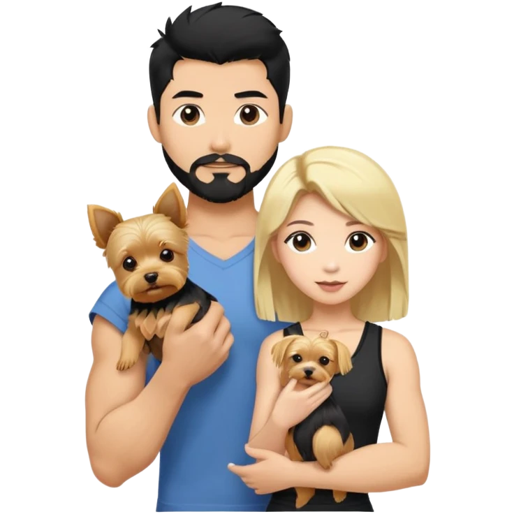  Blonde female.  Holding a blonde yorkie. Dark haired Korean Asian handsome man with black pointy hair full goatee and biceps emoji
