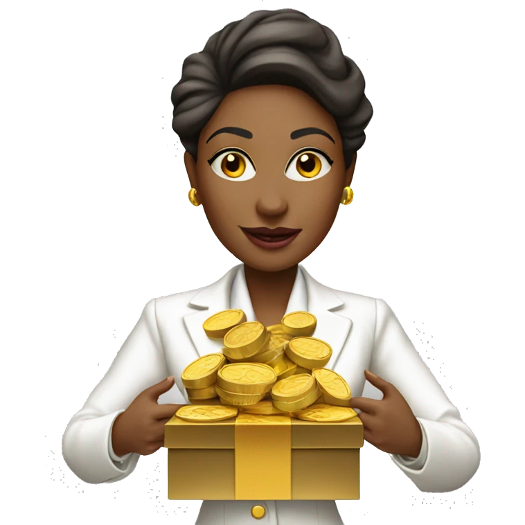 Posh-woman-with-white-suit-holding-golden-coins-and-presents emoji